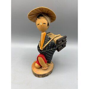 Vtg Handcrafted Japanese Kokeshi Doll Wood Carrying Straw on Back‎ Farm Girl